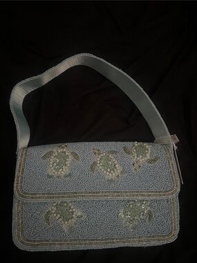 Embellished Sea Turtle Beaded Shoulder Bag in Light Blue